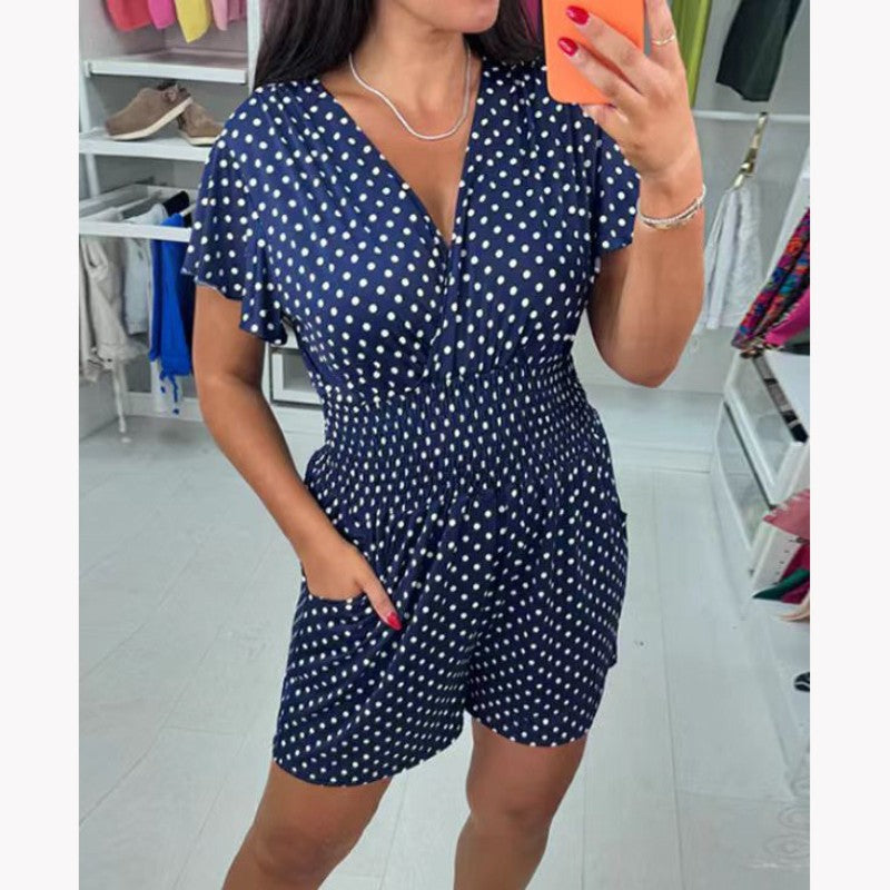 đSUMMER SALEđPolka Dot V-nyakĂș egyrĂ©szes rövidnadrĂĄg Jumpsuit