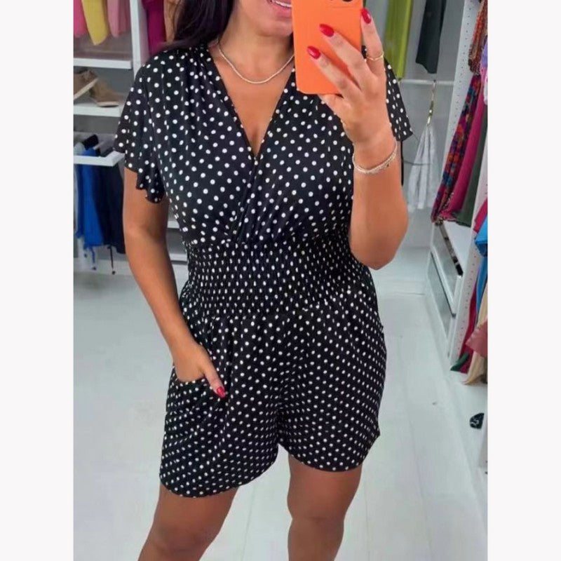 đSUMMER SALEđPolka Dot V-nyakĂș egyrĂ©szes rövidnadrĂĄg Jumpsuit