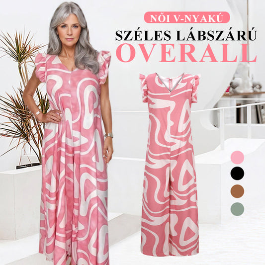 🔥2025 Új -🌸 Női Geometrikus Mintás V-nyakú Széles Lábszárú Overall