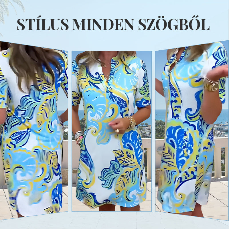 Nők színes, nyomott mintás V-nyakú ruha