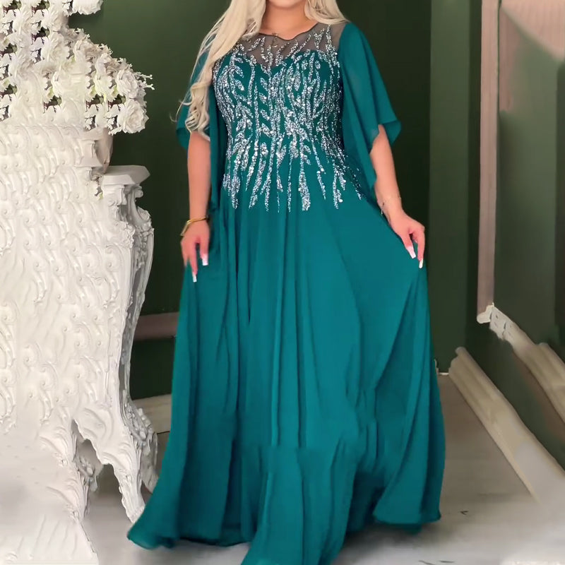 Női elegáns strasszos hálós kerek nyakú elegáns estélyi ruhák