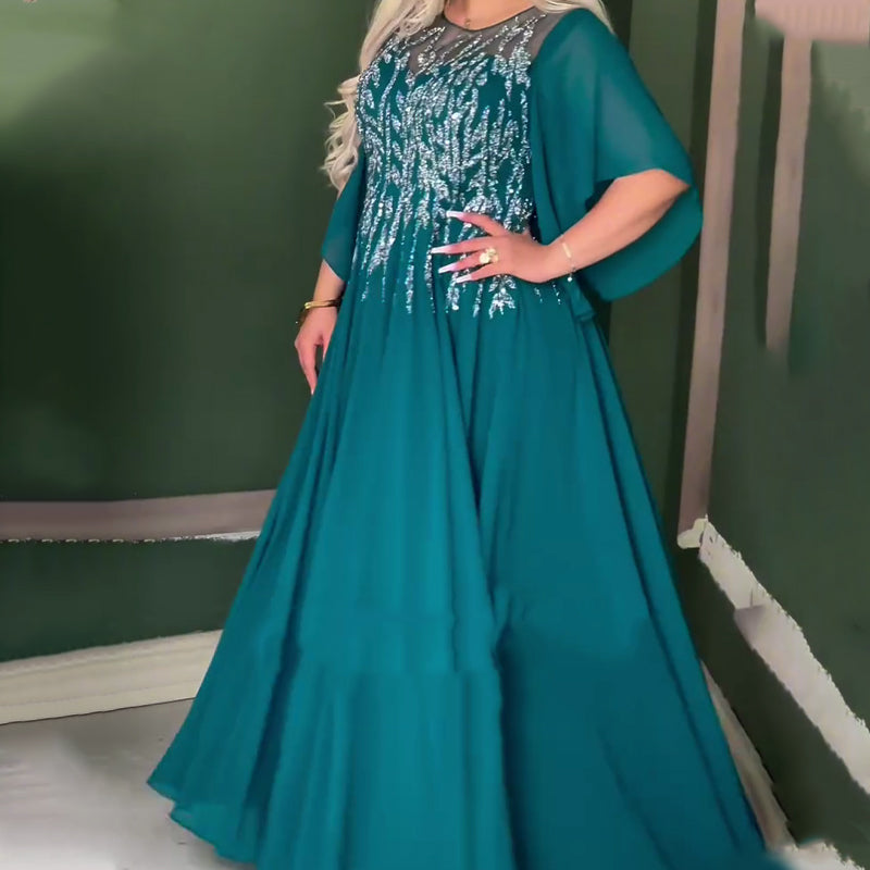 Női elegáns strasszos hálós kerek nyakú elegáns estélyi ruhák