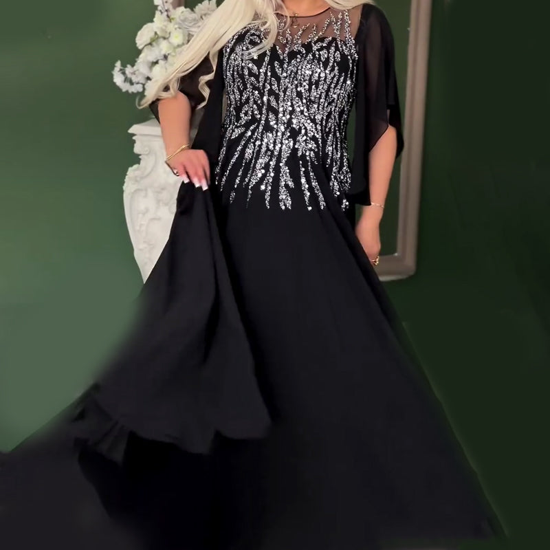 Női elegáns strasszos hálós kerek nyakú elegáns estélyi ruhák