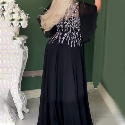 Női elegáns strasszos hálós kerek nyakú elegáns estélyi ruhák
