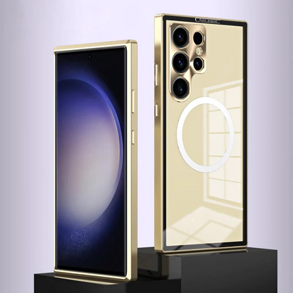 Upgrade luxus Auto Popup fémkeret és lencsevédelem mágneses átlátszó telefon tok Samsunga számára