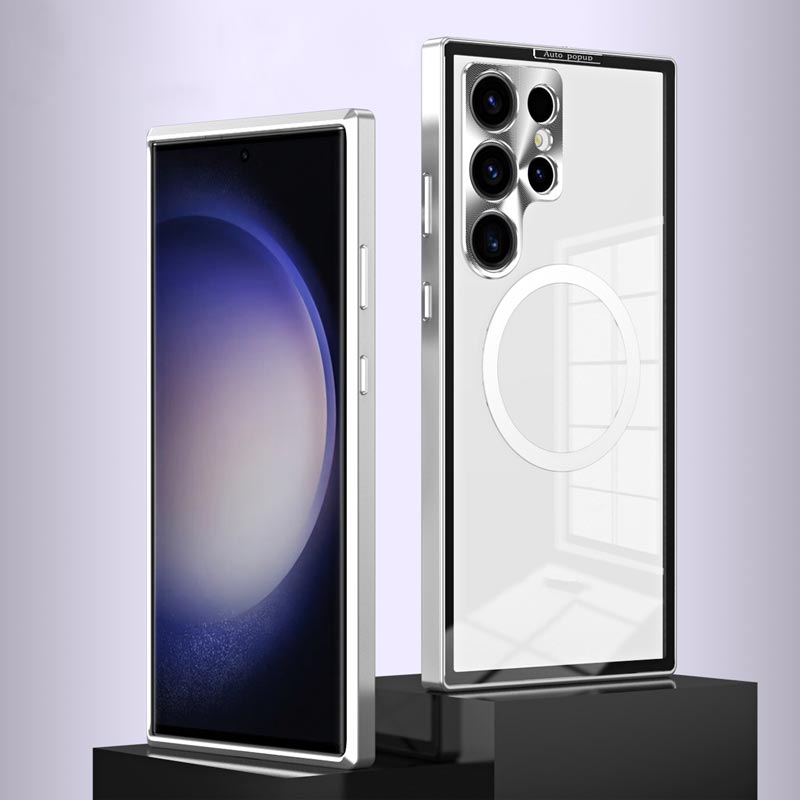 Upgrade luxus Auto Popup fémkeret és lencsevédelem mágneses átlátszó telefon tok Samsunga számára